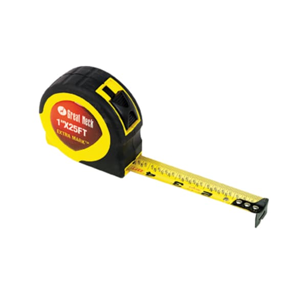 Great Neck ExtraMark Fractional Tape Measure - 25 ft Length x 1in Width - Imperial Measuring System - Black, Yellow - 1 Each