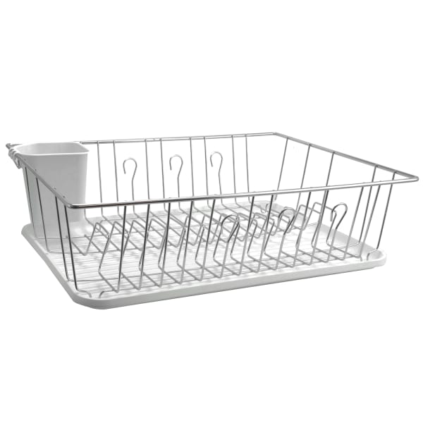 MegaChef Dish Rack With 14 Plate Positioners And Detachable Utensil Holder, 17-1/2in, White