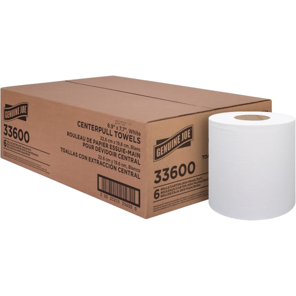 Genuine Joe Centerpull Towel Rolls - 8.13in Width x 7.56in Length - 600 Sheets/Roll - 3in Core - White - Virgin Fiber - 6 / Carton