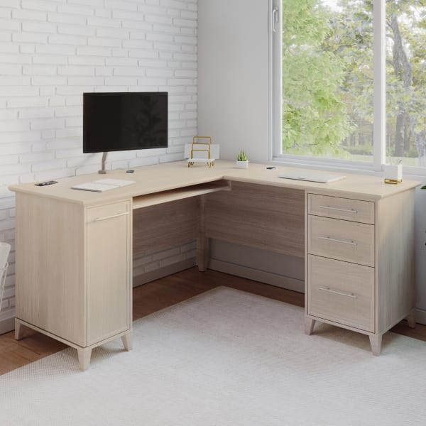 Realspace Koru 60inW L-Shaped Corner Computer Desk With Integrated Power & Charging, Natural Oak, BIFMA Compliant