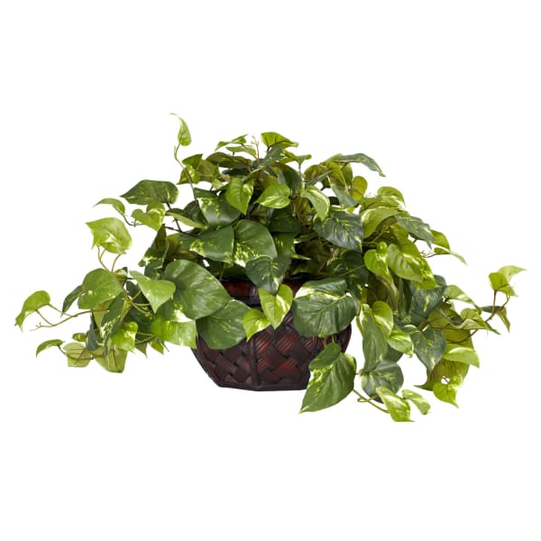 Nearly Natural 15inH Silk Pathos Plant With Decorative Vase