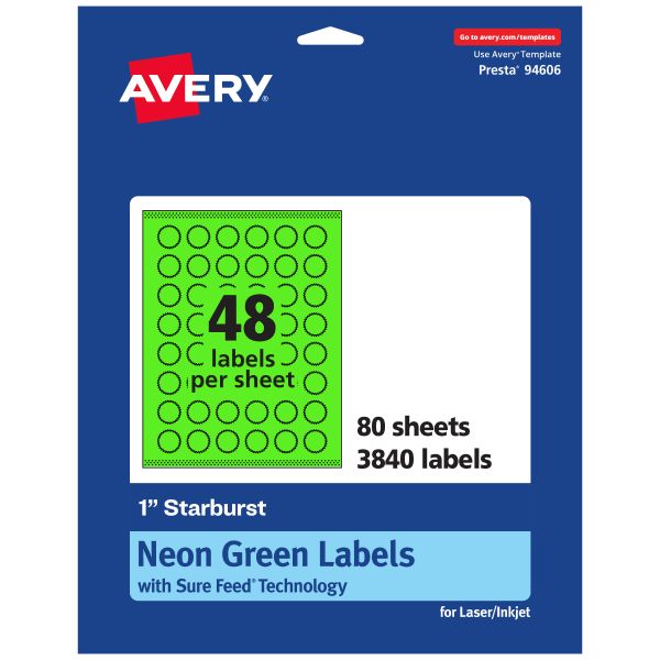 Avery Print-To-The-Edge Labels With Sure Feed Technology, 94606-NGP80, Starburst, 1in, Matte Neon Green, Pack of 3840