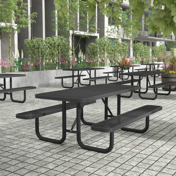 Flash Furniture Mantilla Outdoor Picnic Table with Commercial Heavy Gauge Expanded Metal Mesh Top and Seats and Steel Frame and Ground Anchors, 6ft, Black