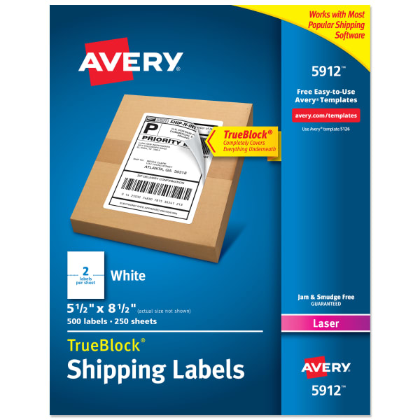 Avery Permanent Shipping Labels With TrueBlock Technology, 5912, 5 1/2in x 8 1/2in, White, Box Of 500