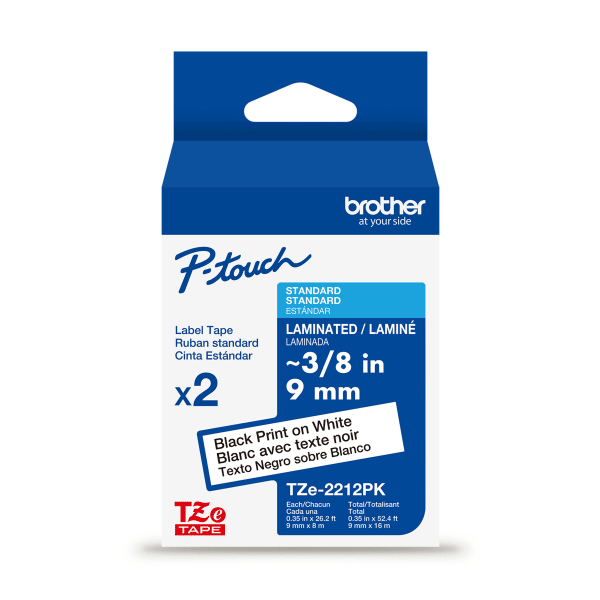 Brother P-touch TZe2212PK Laminated, 3/8in x 26.2 ft (9mm x 8m), Black on White Label Tape, 2 pack