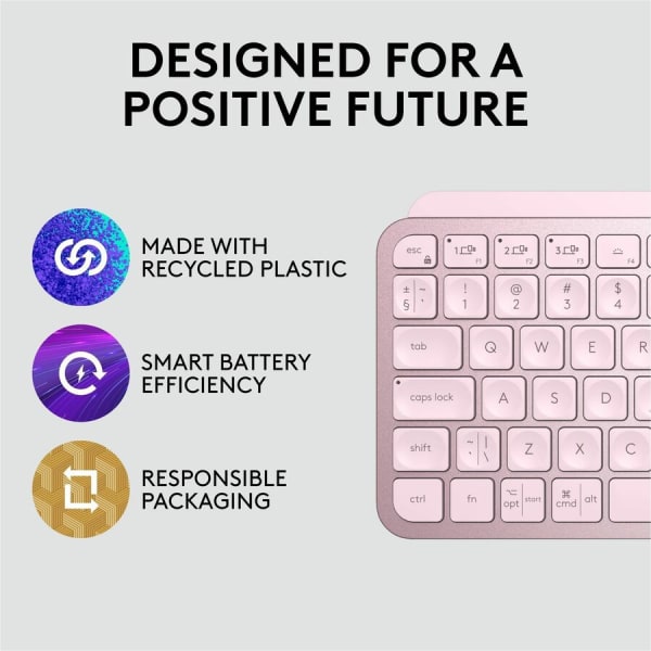 Logitech MX Keys Mini Minimalist Wireless Illuminated Keyboard, Compact, Bluetooth, USB-C - Rose - Wireless Connectivity - Bluetooth - 32.81 ft - USB Interface Emoji, Dictation, Mute Hot Key(s) - ChromeOS - Desktop Computer, Notebook - PC, Mac