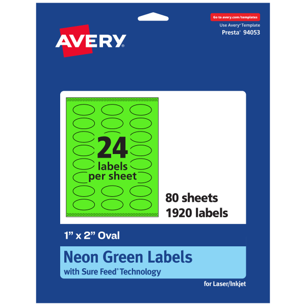 Avery Print-To-The-Edge Labels With Sure Feed Technology And Easy Peel Label Feature, 94053-NGP80, Oval, 1in x 2in, Matte Neon Green, Pack of 1920