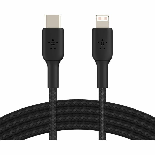 Belkin 30W USB-C to Lightning Cable - Nylon, Braided - M/M - 2m/6.6ft - Black - 6.56 ft Lightning/USB-C Data Transfer Cable - First End: Lightning - Second End: USB Type C - MFI - Black
