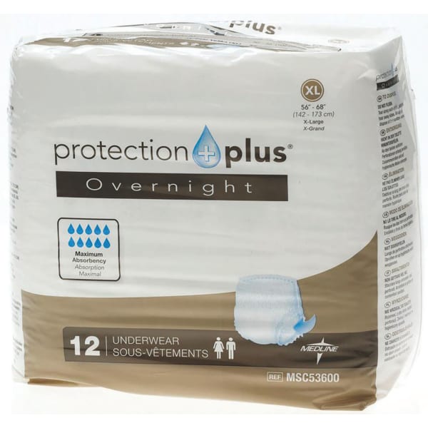 Protection Plus Overnight Protective Underwear, X-Large, 56 - 68in, White, Bag Of 12, Case Of 4 Bags