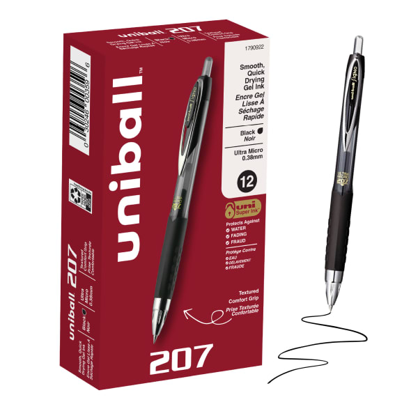 uni-ball 207 Retractable Fraud Prevention Gel Pens, Ultra Micro Point, 0.38 mm, Black Barrels, Black Ink, Pack Of 12