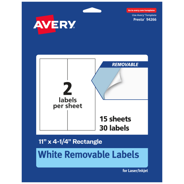 Avery Removable Labels, 94266-RMP15, Rectangle, 11in x 4-1/4in, White, Pack Of 30 Labels