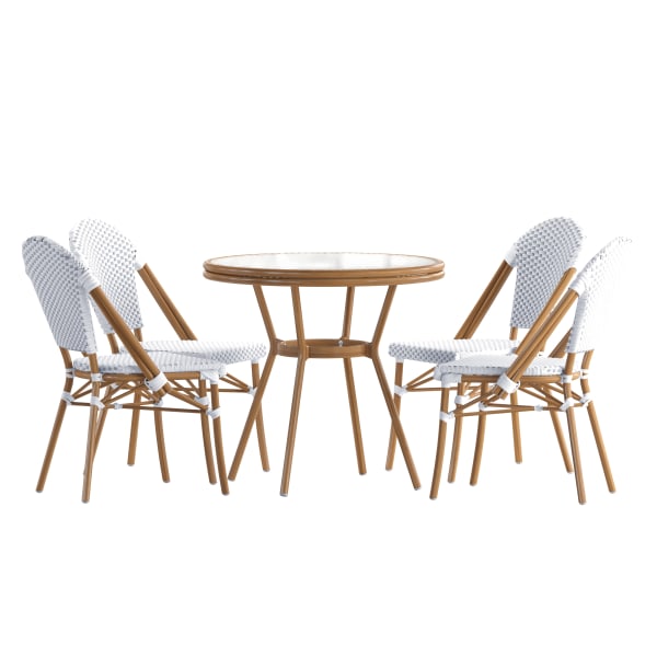 Flash Furniture Lourdes Indoor/Outdoor Commercial Bistro 31.5in Table, PE Rattan, Glass Top with 4 Stack Chairs, White & Gray Rattan/Natural Frame