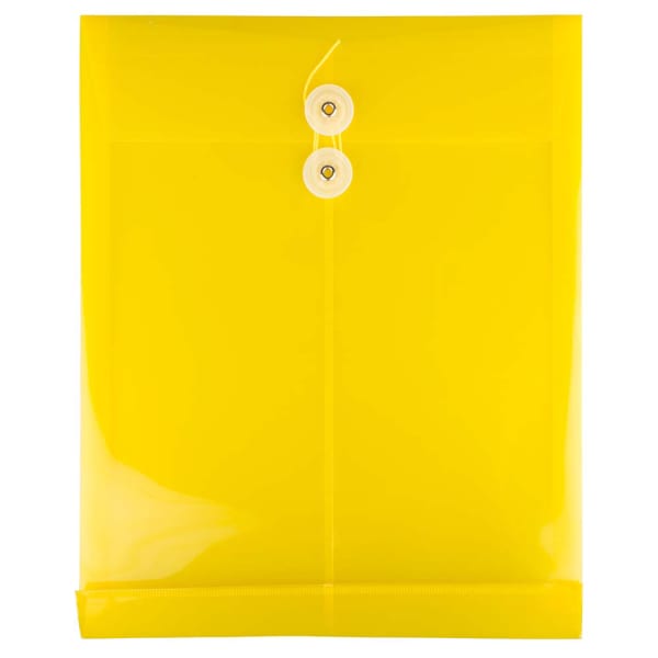 JAM Paper Open-End Plastic Envelopes, Letter-Size, 9 3/4in x 11 3/4in, Button & String Closure, Yellow, Pack Of 12