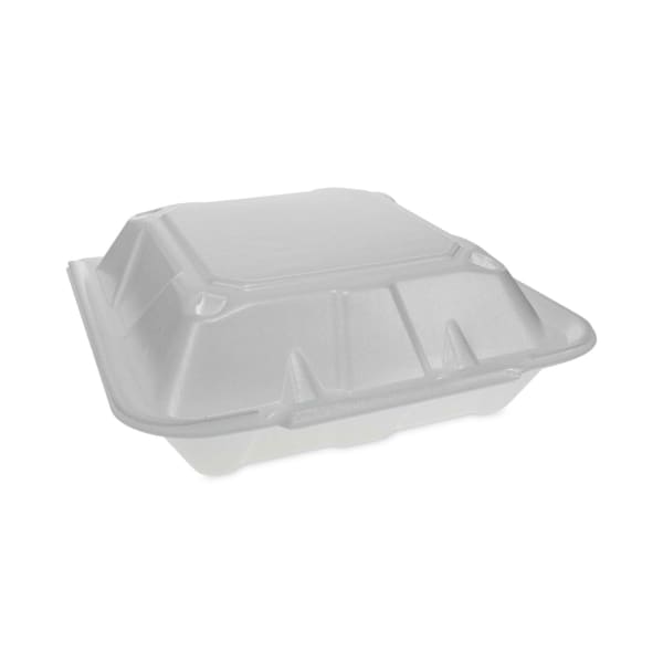 Pactiv Evergreen Vented Foam Hinged Lid Containers, 3-Compartment, Dual Tab Lock Economy, 3-1/4inH x 9-3/16inW x 9inD, White, Carton Of 150 Containers