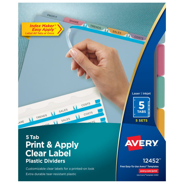 Avery Print & Apply Clear Label Translucent Plastic Dividers with Index Maker Easy Apply Printable Label Strip, 5 Multicolor Tabs, Pack Of 5 Sets