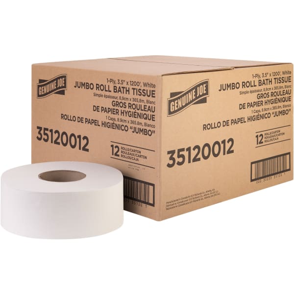 Genuine Joe 1-ply Jumbo Roll Bath Tissue - 1 Ply - 3.63in Width x 1200 ft Length - 8.88in Roll Diameter - White - Fiber - 12 / Carton