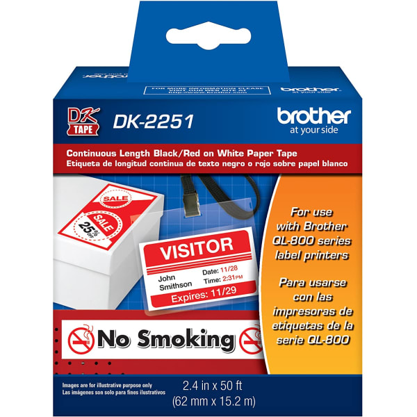 Brother DK-2251 Continuous-Length Tape, 2.4in x 50ft, Black/Red/White