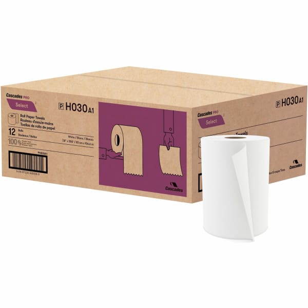 Cascades PRO Select Roll Paper Towel, 1-Ply, White, 350feet, 12 rolls/pack, Recyled,Certified - 1 Ply - 7.87in Width - 5.30in Roll Diameter - 1.88in Core - White - 12 / Pack