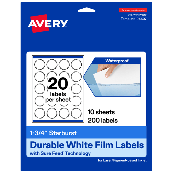 Avery Waterproof Permanent Labels With Sure Feed, 94607-WMF10, Starburst, 1-3/4in, White, Pack Of 200