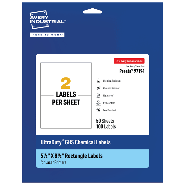 Avery Ultra Duty Permanent GHS Chemical Labels, 97194-WMU50, Rectangle, 5-1/2in x 8-1/2in, White, Pack Of 100