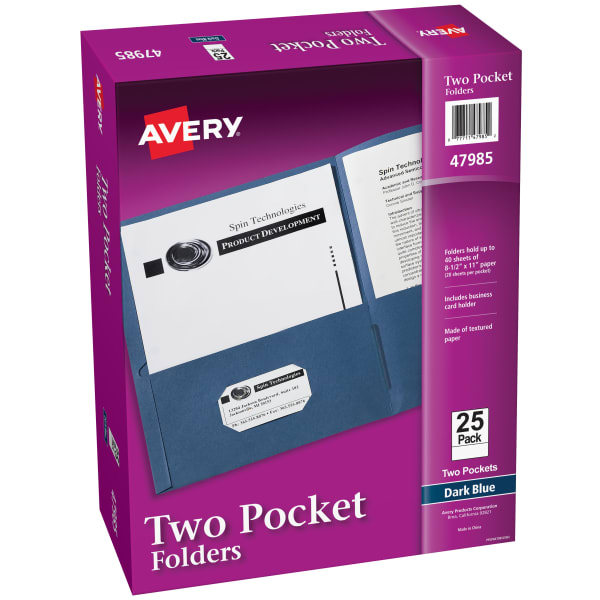 Avery Two Pocket Folders, 8-1/2in x 11in, Dark Blue, Box Of 25