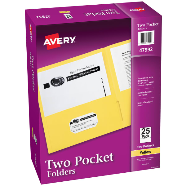 Avery Two Pocket Folders, 8-1/2in x 11in, Yellow, Box Of 25