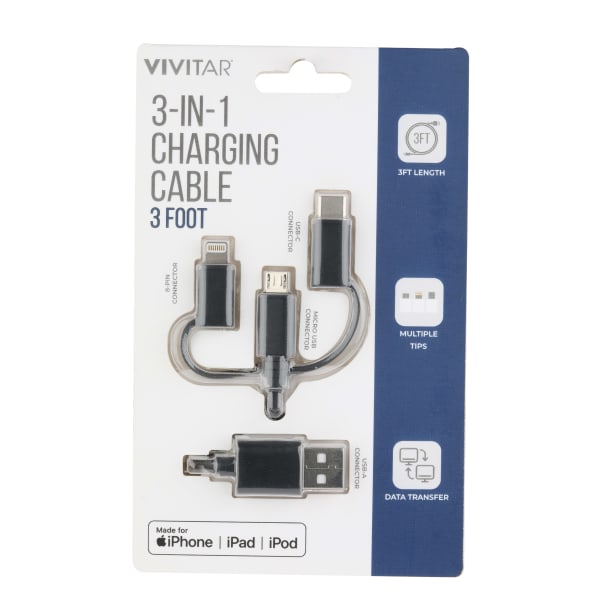 Vivitar 3-in-1 Charging Cable, 3ft, Black, NIL2001-BLK-STK-24