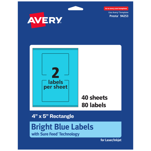 Avery Print-To-The-Edge Labels With Sure Feed Technology, 94253-BBP40, Rectangle, 4in x 5in, Matte Bright Blue, Pack of 80
