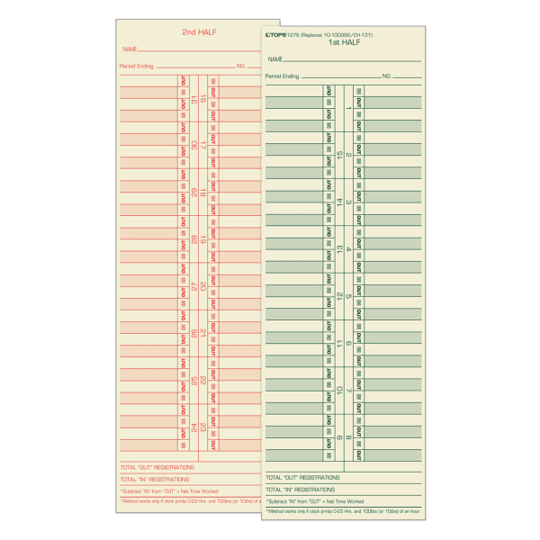 TOPS Time Cards (Replaces Original Cards 10-100372 & CH131), Numbered Days, 2-Sided, Semi-Monthly Format, 10 1/2in x 3 1/2in, Box Of 500