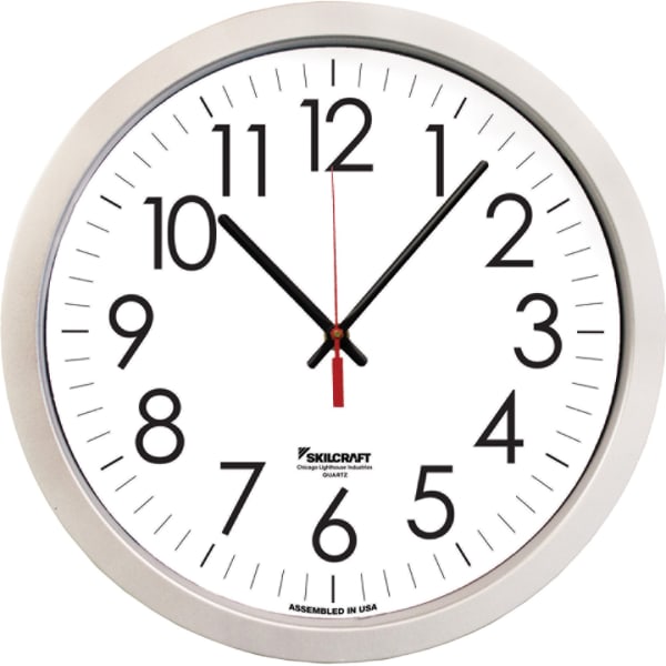 SKILCRAFT Silver Contemporary Wall Clock - Analog - Quartz - Plastic - Contemporary Style - TAA Compliant
