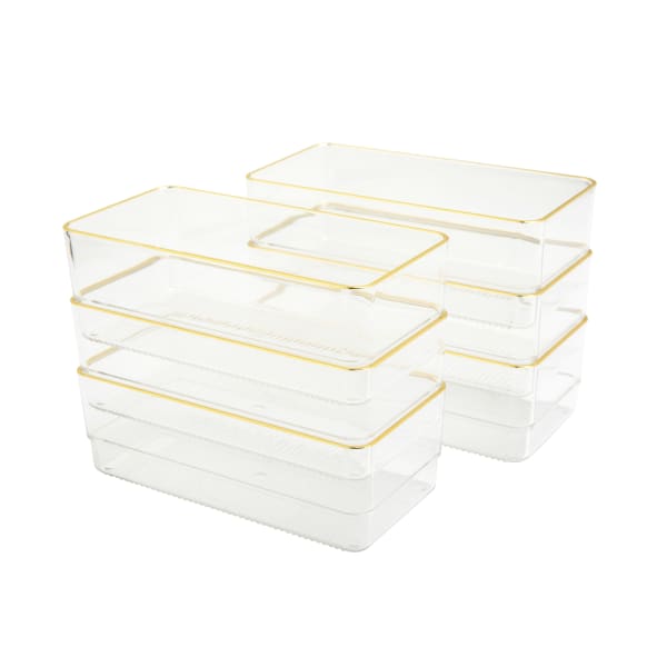 Martha Stewart Kerry Plastic Stackable Office Desk Drawer Organizers, 2inH x 3inW x 6inD, Clear/Gold Trim, Pack Of 6 Organizers