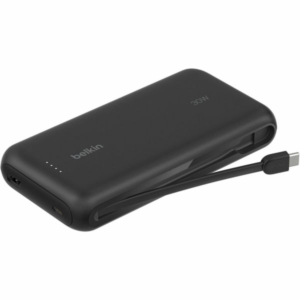 Belkin 30W 2-port Power Bank w/ Integrated USB-C Cable, 20K mAh, 1xUSB-A, 1xUSB-C, Portable Charger, Black, BPB024FQBK