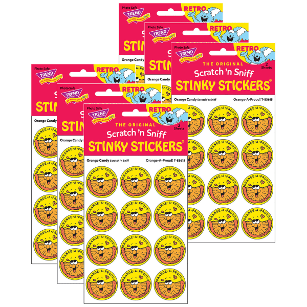 Trend Retro Scratch N Sniff Stinky Stickers, Orange-A-Proud!/Orange Candy, 24 Stickers Per Pack, Set Of 6 Packs