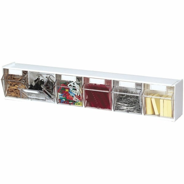 Deflecto Interlocking Horizontal Tilt Bin, 6 Bins, Small Size, 3 3/10in x 23 5/8in x 3 5/8in, White/Clear