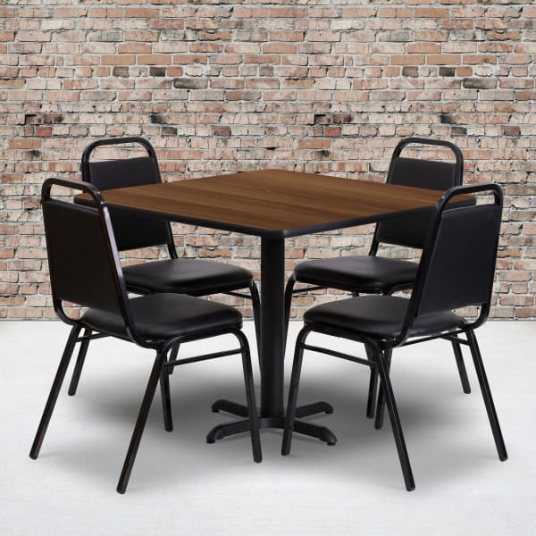 Flash Furniture Square Table Set With 4 Trapezoidal-Back Banquet Chairs, 30inH x 36inW x 36inD, Walnut/Black