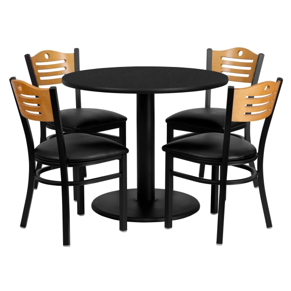 Flash Furniture Round Laminate Table Set With 4 Wood Slat-Back Metal Chairs, 30inH x 36inW x 36inD, Black