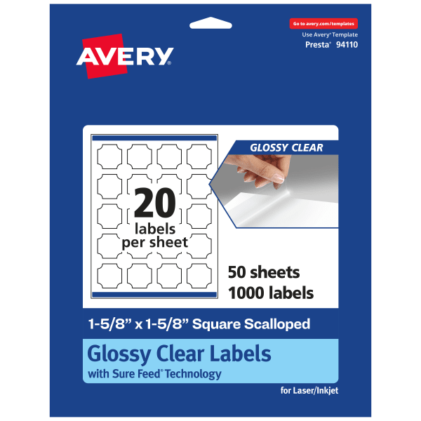 Avery Glossy Permanent Labels With Sure Feed, 94110-CGF50, Square Scalloped, 1-5/8in x 1-5/8in, Clear, Pack Of 1,000