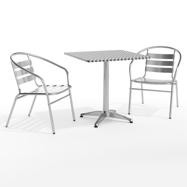 Flash Furniture Square Aluminum Indoor/Outdoor Table Set With 2 Slat-Back Chairs, 27-1/2inH x 27-1/2inW x 27-1/2inD, Aluminum