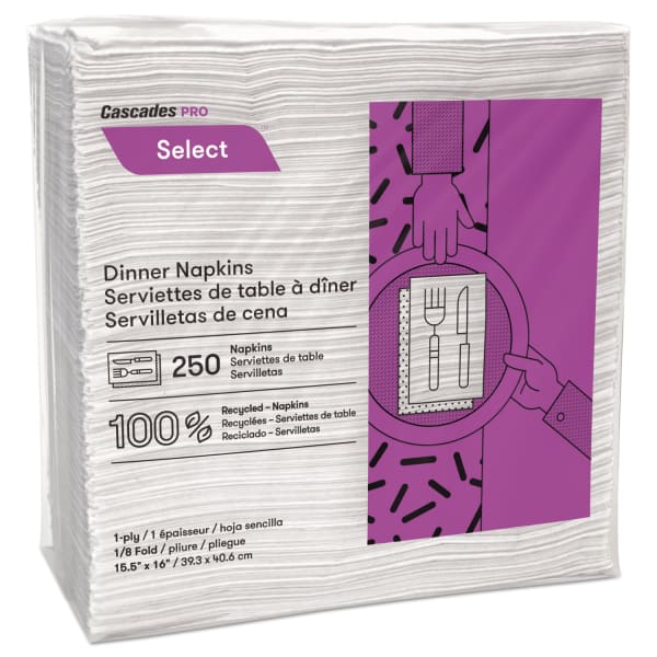 Cascades PRO Select Dinner Napkins, 1-Ply, White, 15.5 x 16, 250/Pack, 12/Carton