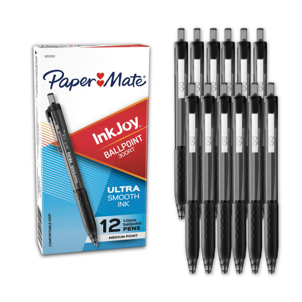 Paper Mate InkJoy 300 RT Retractable Pens, Medium Point, 1.0 mm, Translucent Black Barrels, Black Ink, Pack Of 12
