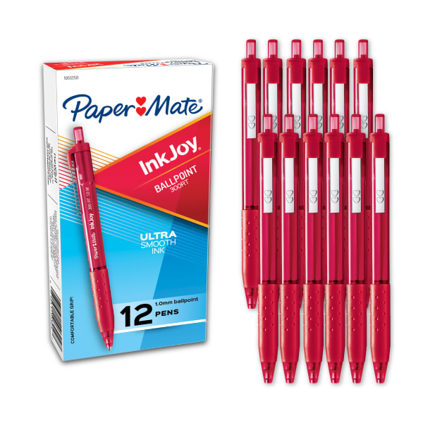 Paper Mate InkJoy 300 RT Retractable Pens, Medium Point, 1.0 mm, Translucent Red Barrels, Red Ink, Pack Of 12