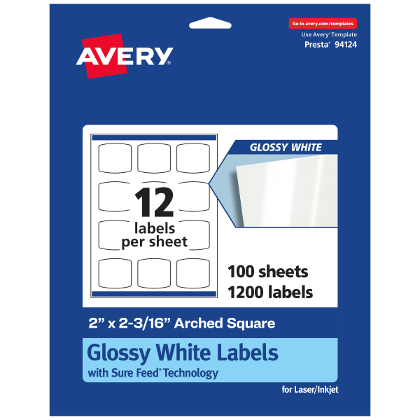 Avery Glossy Permanent Labels With Sure Feed, 94124-WGP100, Arched Square, 2in x 2-3/16in, White, Pack Of 1,200