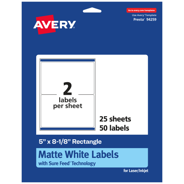 Avery Permanent Labels With Sure Feed, 94259-WMP25, Rectangle, 5in x 8-1/8in, White, Pack Of 50