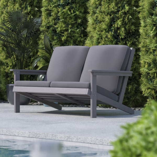 Flash Furniture Charlestown All-Weather Poly Resin Wood Adirondack-Style Deep-Seat Outdoor Furniture Patio Loveseat With Cushions, 32-1/2inH x 54inW x 34inD, Gray