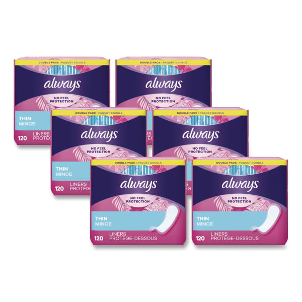 Always Thin No Feel Protection Daily Liners, Regular Absorbency, Unscented, Pack Of 120 Liners