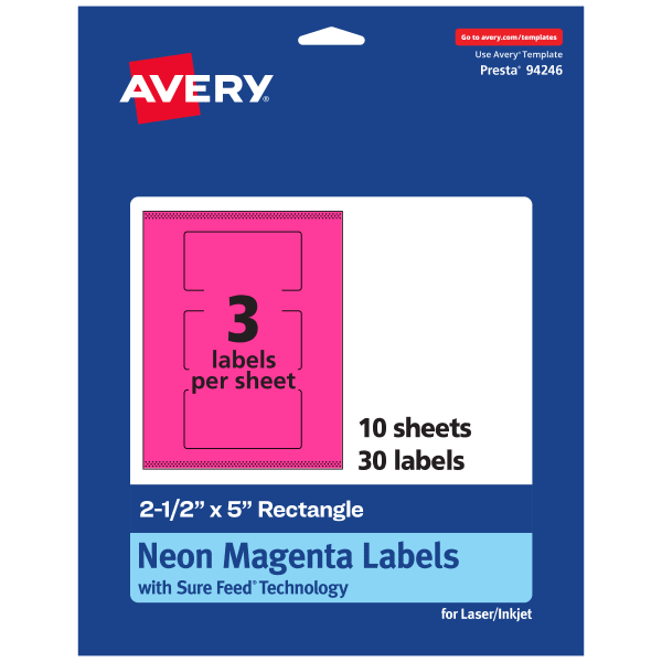 Avery Print-To-The-Edge Labels With Sure Feed Technology, 94246-NMP10, Rectangle, 2-1/2in x 5in, Matte Neon Magenta, Pack of 30