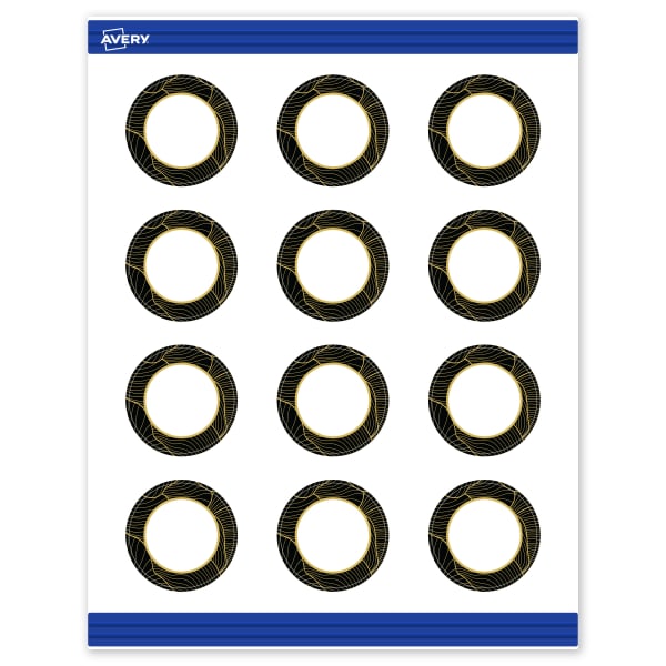 Avery Printable Round Cards With Sure Feed Technology, 2in, Matte White With Preprinted Black Border with Gold Pattern Design, Pack Of 120