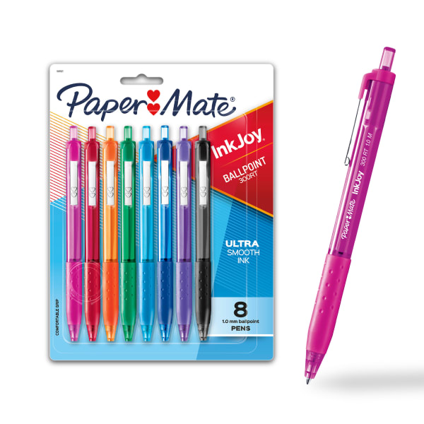 Paper Mate InkJoy 300 RT Retractable Pens, Medium Point, 1.0 mm, Clear Barrels, Assorted Ink Colors, Pack Of 8