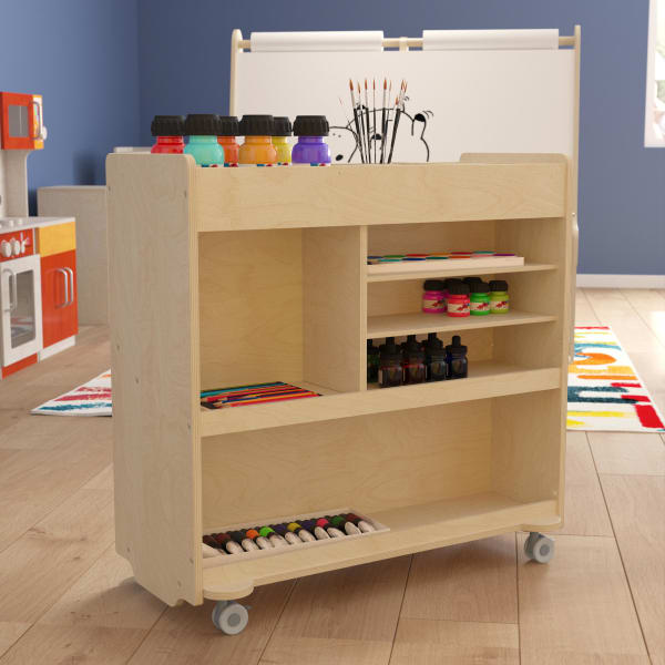 Flash Furniture Bright Beginnings Commercial Wood Mobile Storage Cart with Vertical and Horizontal Storage Compartments And Locking Caster Wheels, 31-3/4inH x 33inW x 15-3/4inD, Beech