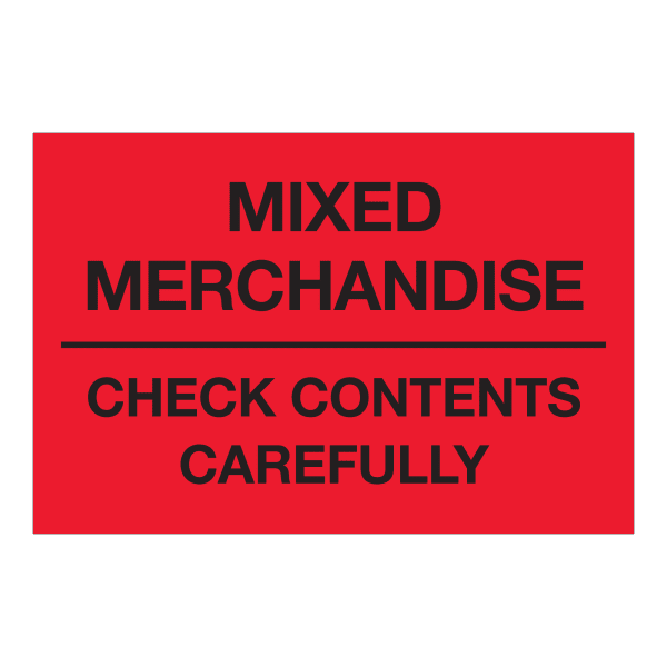 Tape Logic Preprinted Labels, "Mixed Merchandise Check Contents Carefully", DL1621, Rectangle, 2in x 3in, Fluorescent Red, Roll Of 500 Labels
